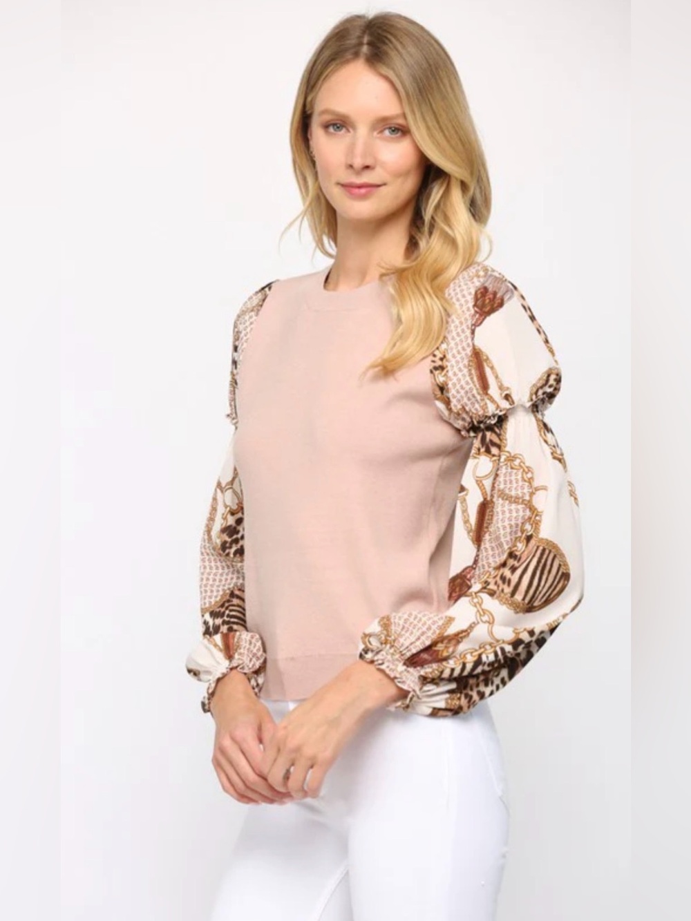 Fate Dusty Rose Knit Top with Patterned Balloon Sleeves